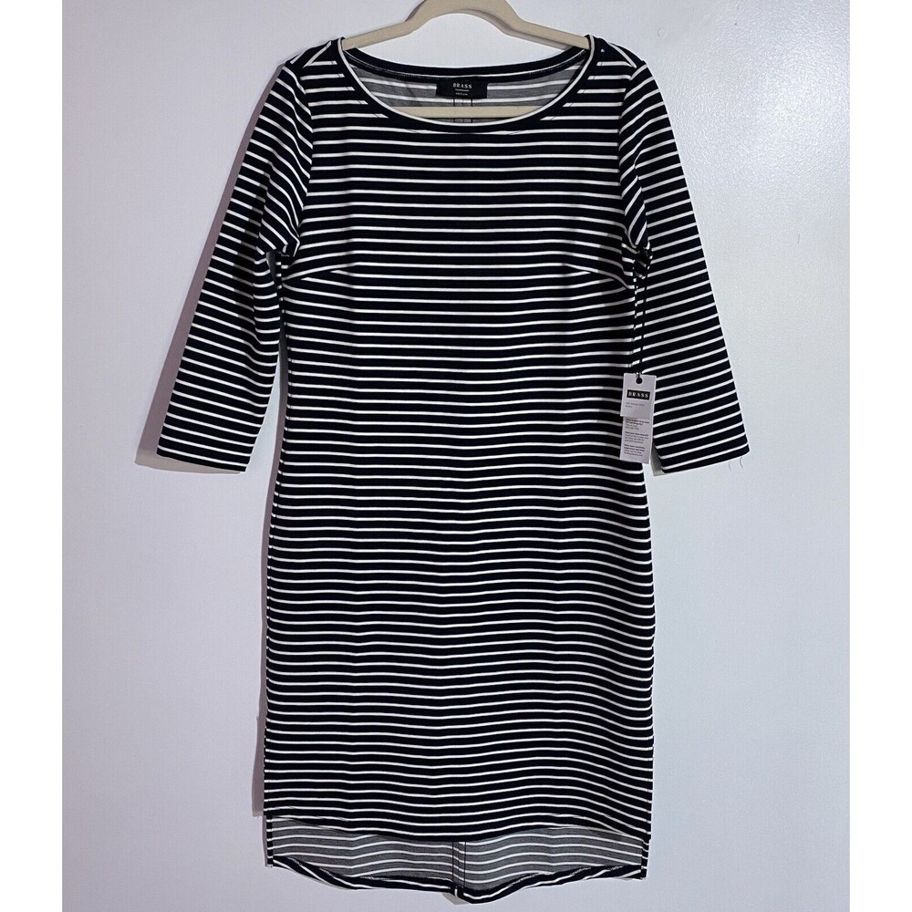 Brass‎ Dress Medium Navy Blue White Striped Fall Travel Casual Preppy Office